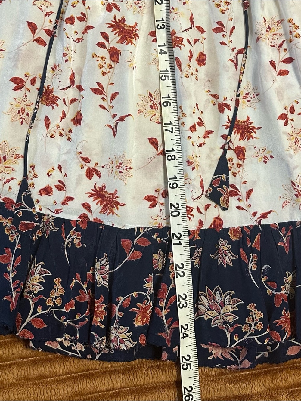 Boho Babydoll Top Womens M Contrast Floral Navy Ivory Ruffle Tie Front Viscose - Picture 9 of 9